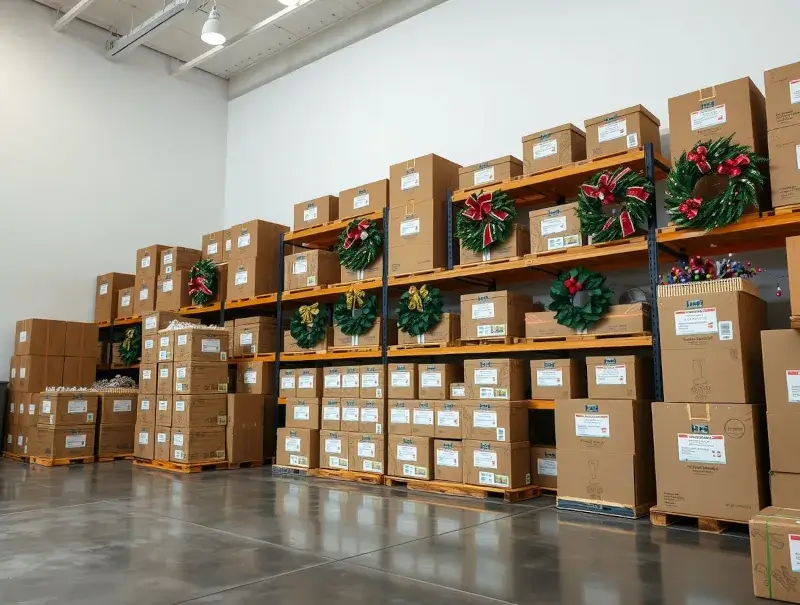 Photorealistic labeled storage bins with neatly organized holiday decorations.