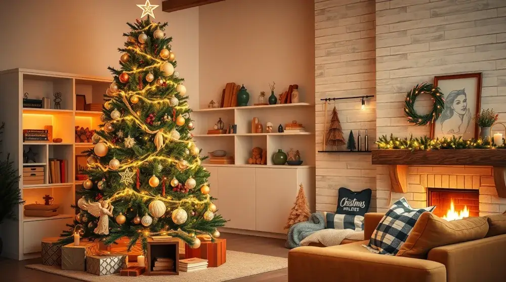 Photorealistic cozy holiday living room with Christmas tree and clutter-free décor