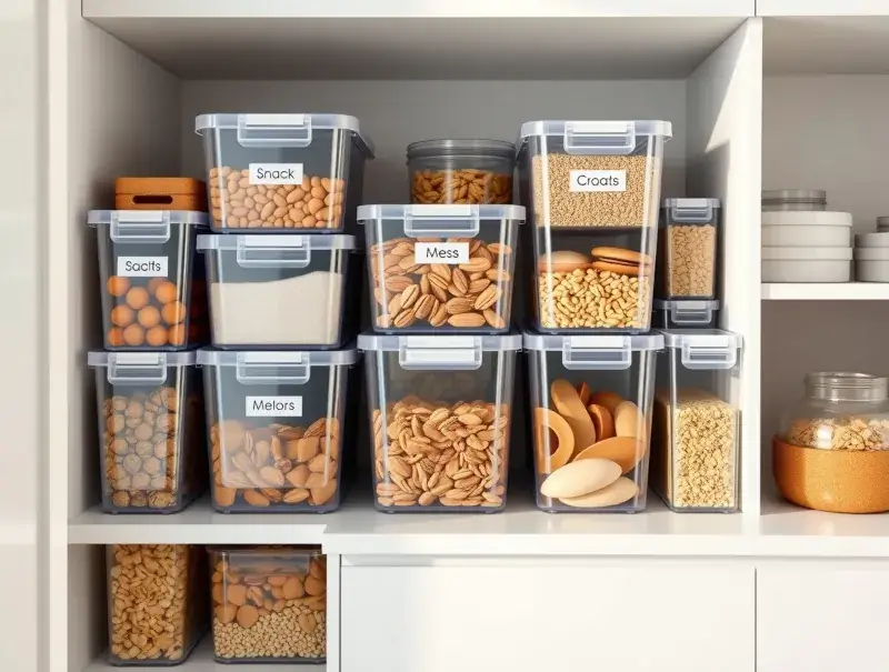 Photorealistic clear storage bins stacked in an organized pantry.