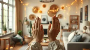Faceless hands decorating a cozy living room with budget-friendly DIY accents and string lights, bright and welcoming atmosphere.