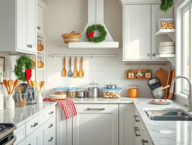 Photorealistic holiday kitchen with clutter-free counters and neatly stored baking tools