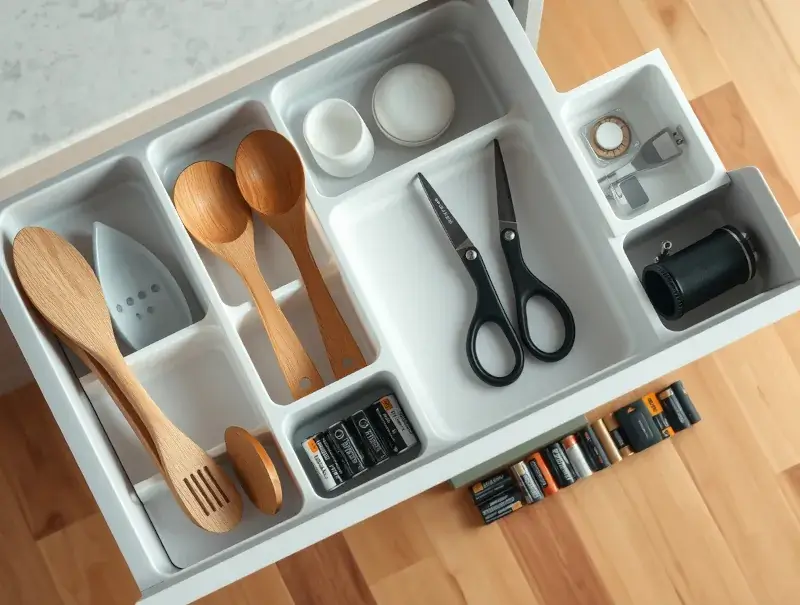 Photorealistic organized kitchen drawer with adjustable dividers.
