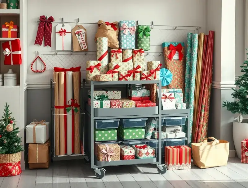 Photorealistic holiday gift wrapping station with organized supplies in bins.
