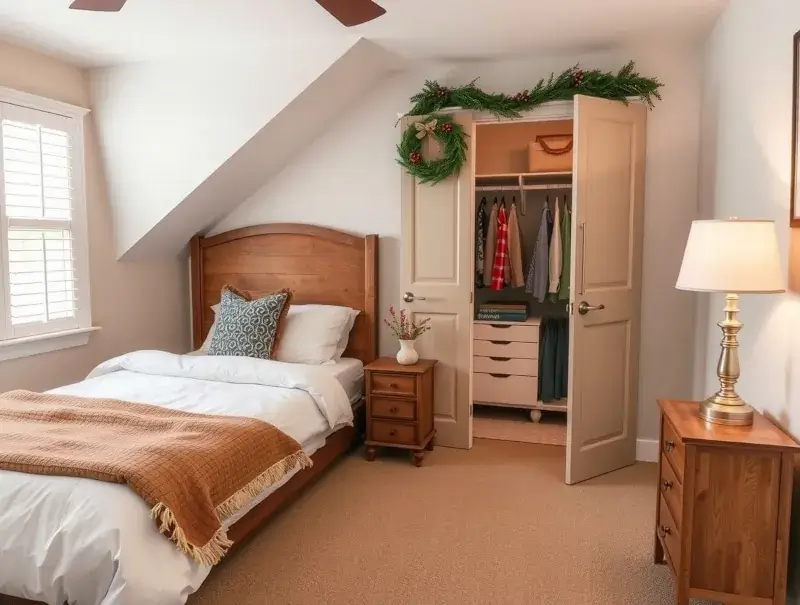 Photorealistic holiday guest bedroom with clean bedding and clutter-free space