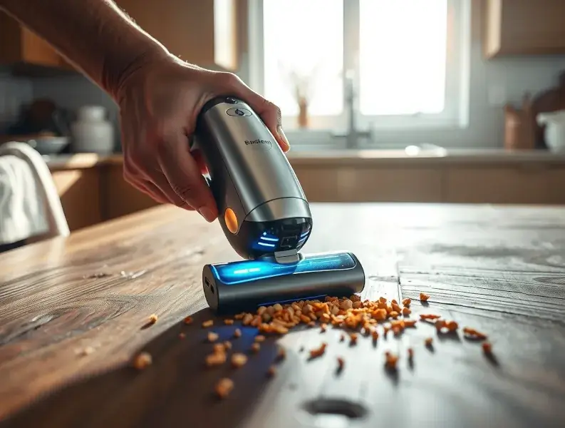 “Cordless handheld vacuum cleaning crumbs from a wooden kitchen counter, faceless hands holding device, bright daylight, spotless modern home.”
