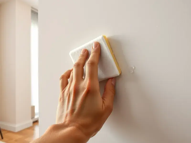 “Faceless hands using a white magic eraser sponge on a wall to remove scuff marks, minimalist home interior, photorealistic detail.”