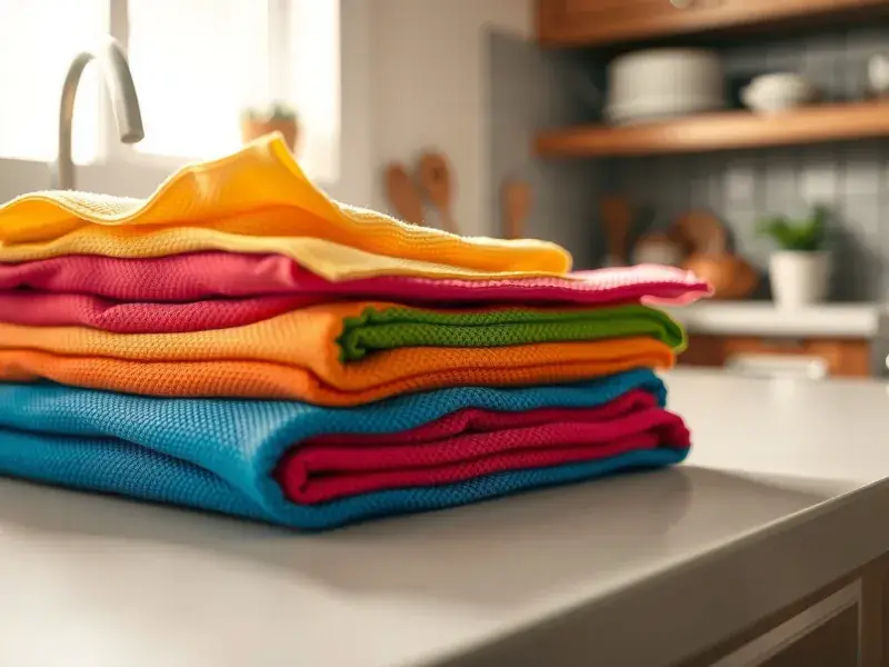 “Colorful microfiber cloths neatly folded on a clean kitchen counter, bright natural light, clutter-free background — eco-friendly cleaning hack.”