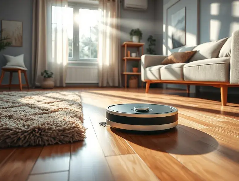 “Robot vacuum cleaning a wooden living room floor, cozy modern interior with rug and sofa, natural daylight atmosphere.”