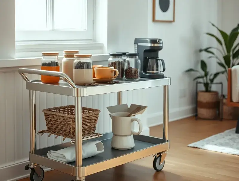Photorealistic rolling utility cart used as an organized coffee station