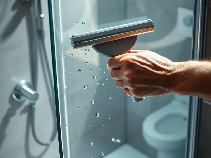 “Close-up of faceless hands using a shower squeegee to wipe water drops off a glass shower door, modern bright bathroom cleaning hack.”