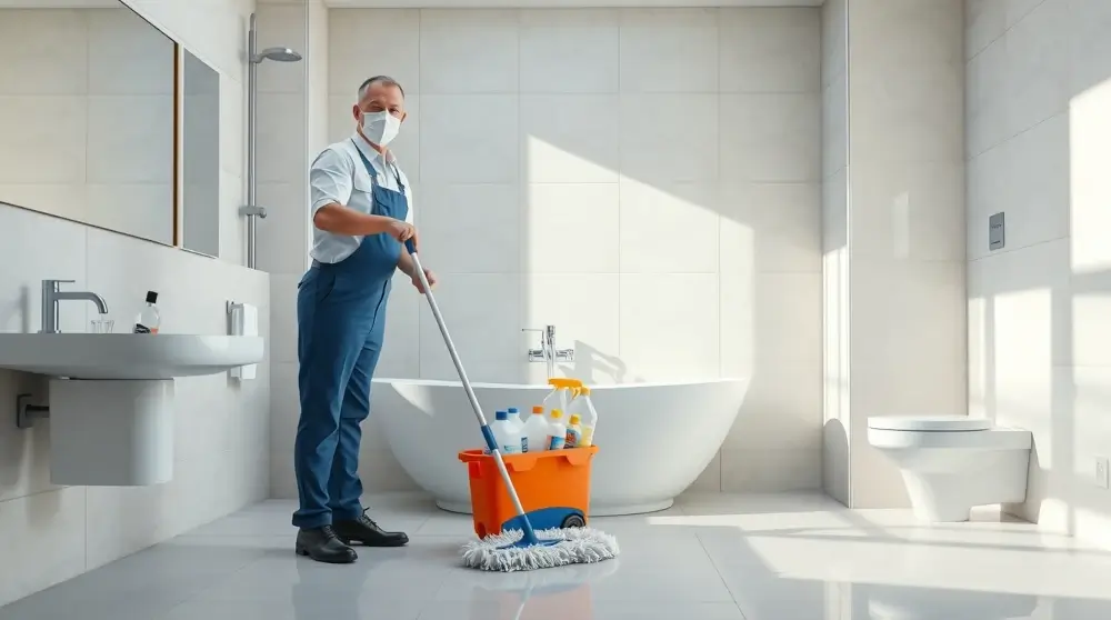 Professional cleaner tidying a modern bathroom with cleaning tools.