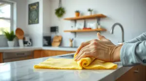 Faceless close-up of hands wiping a modern kitchen countertop with a bright microfiber cloth, natural daylight, clutter-free interior, cleaning hack in action