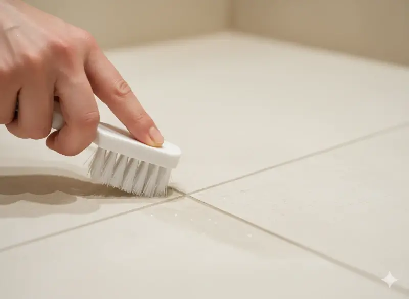 Bathroom grout being scrubbed with brush.