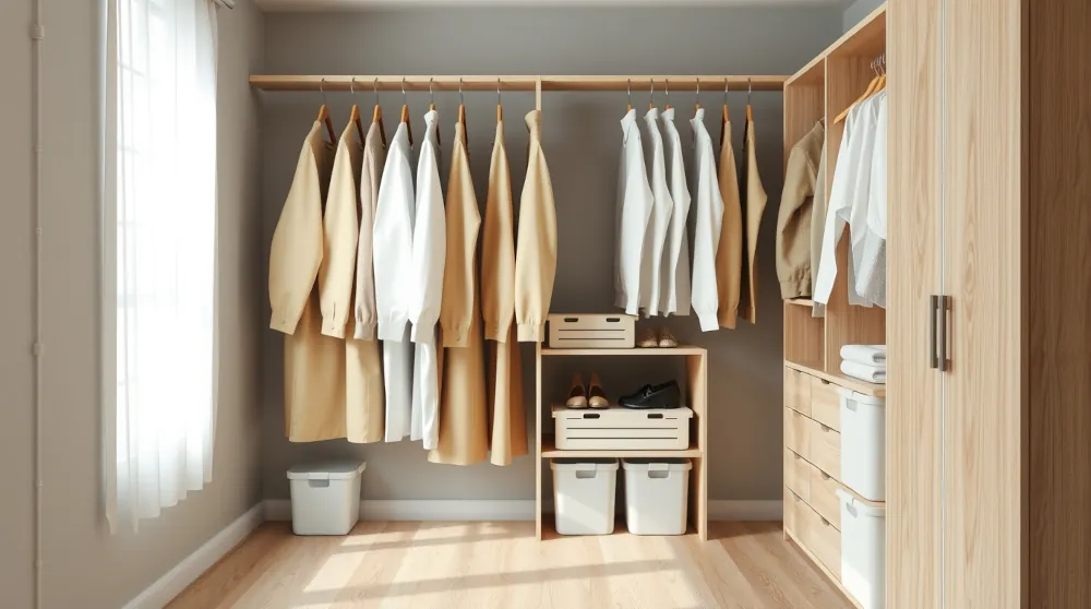 Ultra realistic minimalist closet with neatly arranged clothes and storage bins
