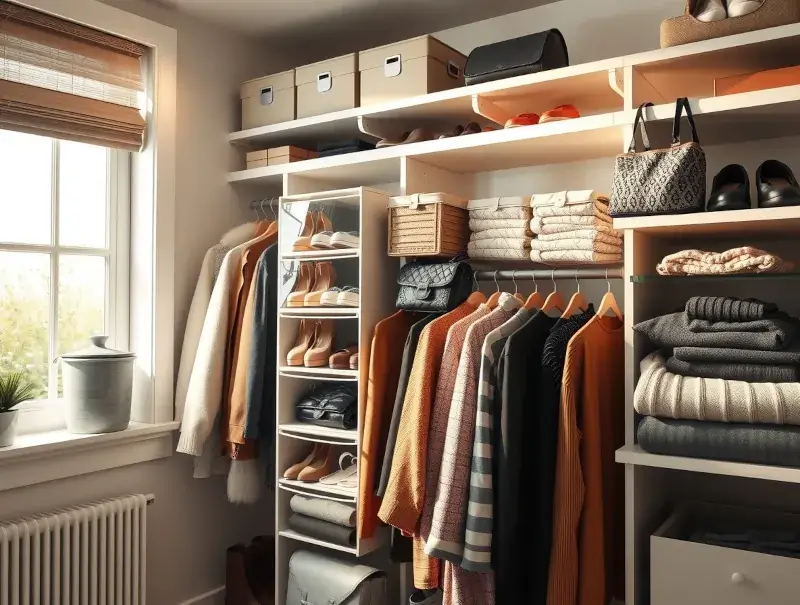 Photorealistic closet with hanging organizers neatly arranged.