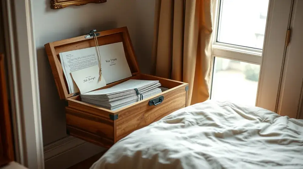 Memory box with letters, photo album, and keepsakes on a wooden shelf in cozy bedroom lighting
