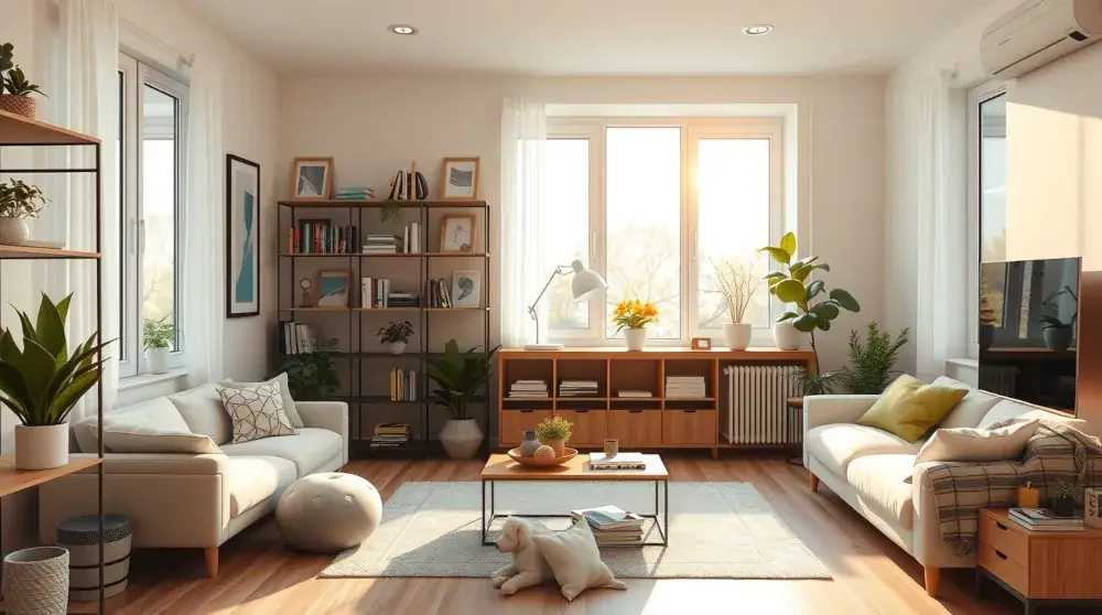 Ultra realistic clutter-free modern living room with minimalist decor and natural light