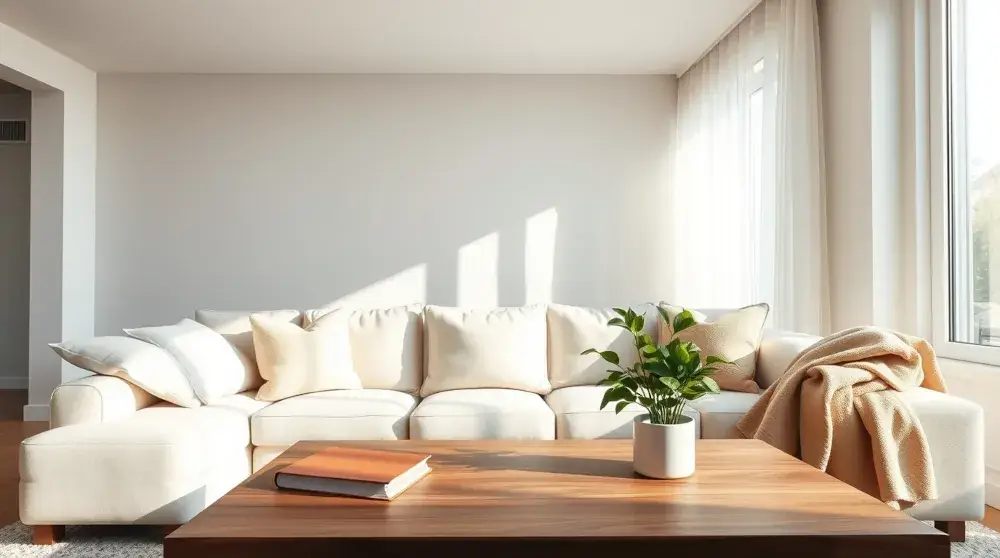 Bright cozy modern living room, tidy and guest-ready with fluffed pillows and folded throw.