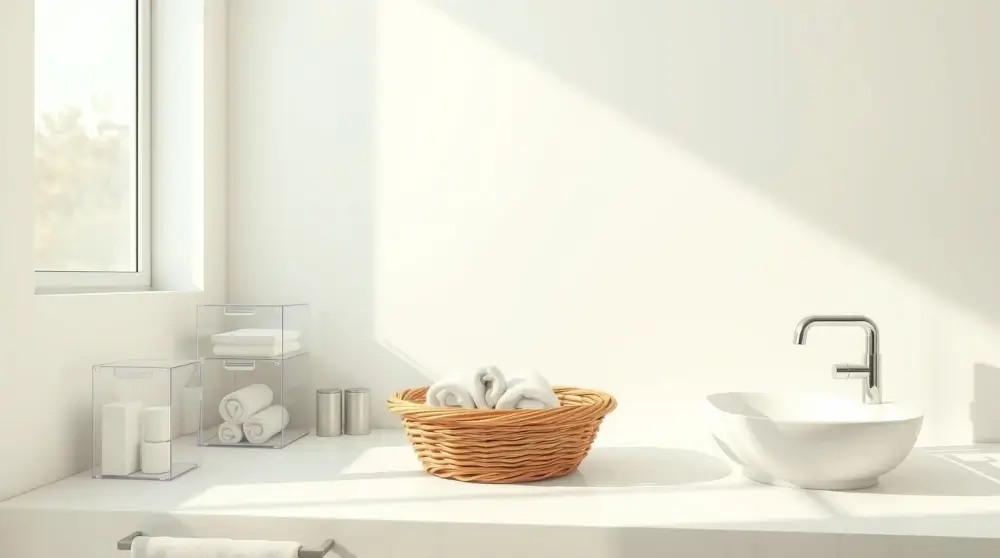 Minimalist bathroom with clear organizers and rolled towels in a basket.