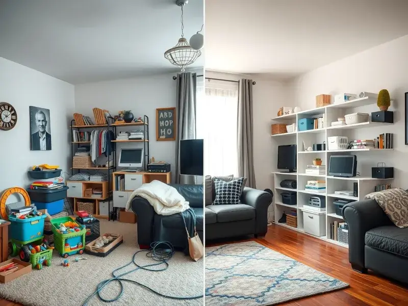 “Before and after decluttering a living room — storage bins and cord organizers creating a tidy, clutter-free space.”