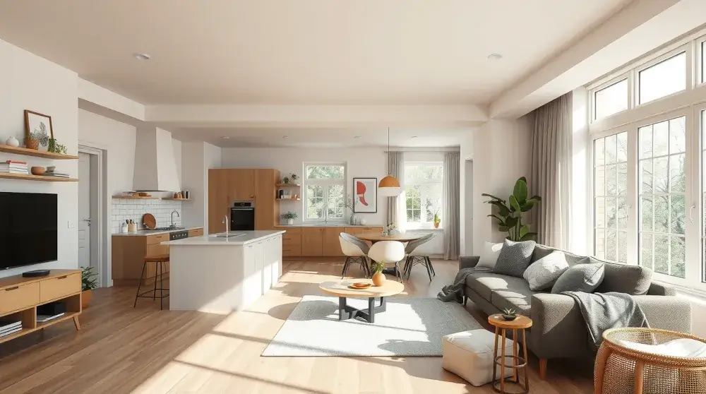 Minimalist cozy living room with clutter-free coffee table and natural light.