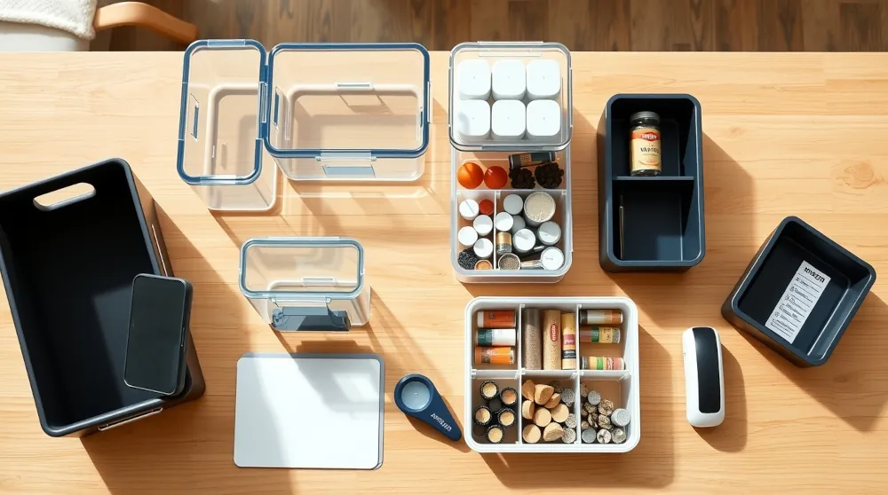 Photorealistic flat lay of Amazon home organization essentials including clear bins, drawer dividers, and label maker