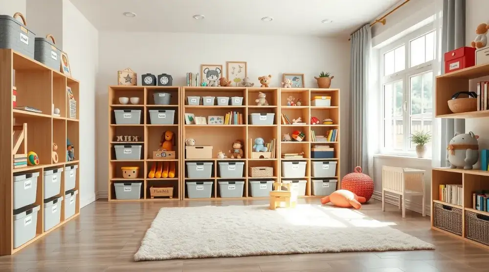 Minimalist kids’ playroom with cube organizers, labeled bins, and a clutter-free cozy rug.