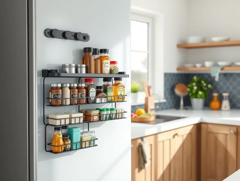 Photorealistic magnetic spice rack organizer attached to refrigerator holding spices and bottles