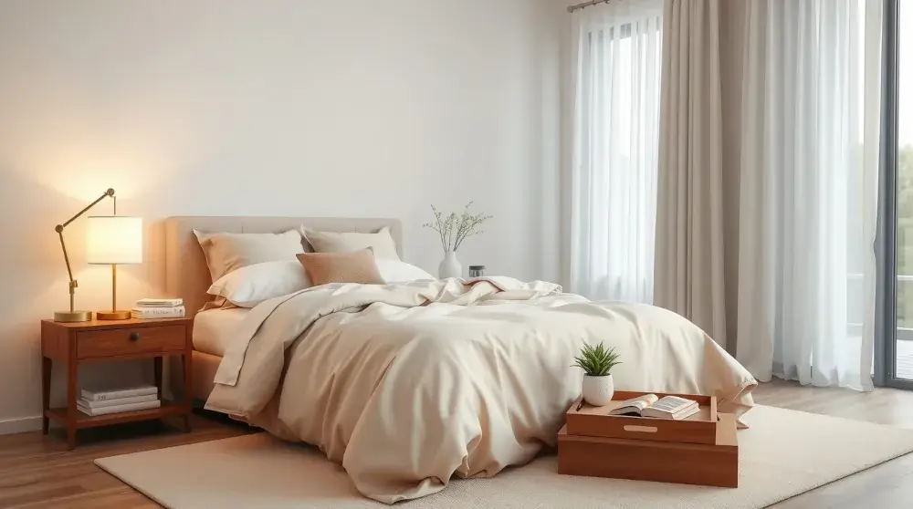 Cozy minimalist bedroom with neatly made bed and clutter-free surfaces.