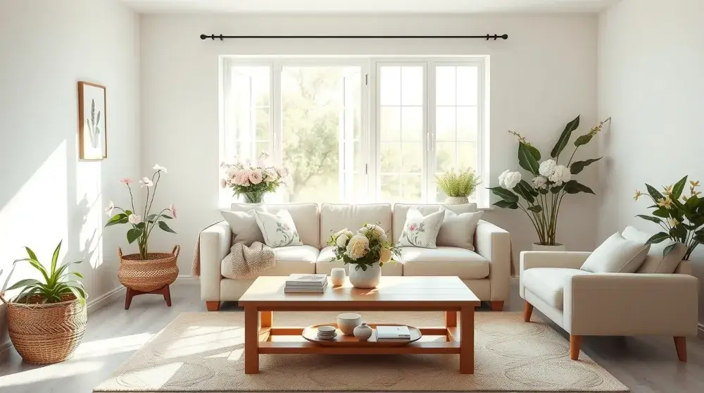 Minimalist living room with fresh spring decorations and light neutral tones