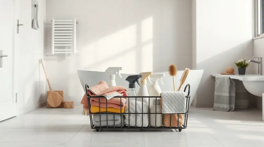 Modern bathroom with neatly organized cleaning supplies in a caddy.