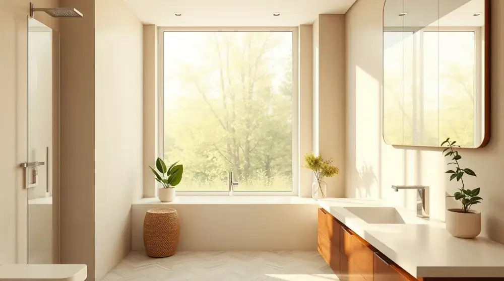 Fresh modern bathroom with clean counters and cozy neutral tones.