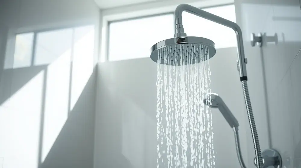 Modern bathroom with shiny chrome shower head and strong water flow.