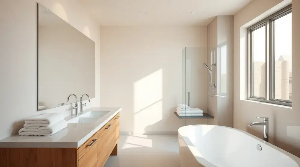 Modern bathroom with crystal clear shower glass and spotless mirror.