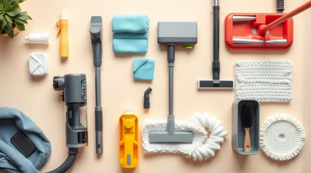 Flat-lay of must-have modern cleaning tools on neutral background with space for text overlay.
