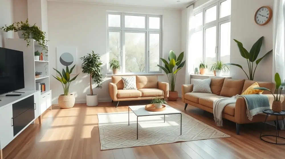 Clean and cozy modern living room with natural light and fresh seasonal vibe.
