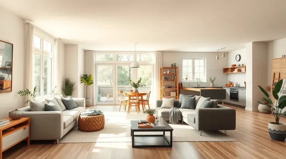 Bright cozy open-concept living space, tidy and clutter-free