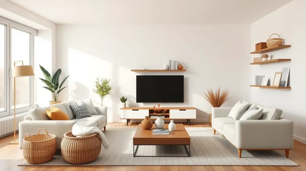 Minimalist cozy living room with neutral tones, woven baskets, and clutter-free coffee table.