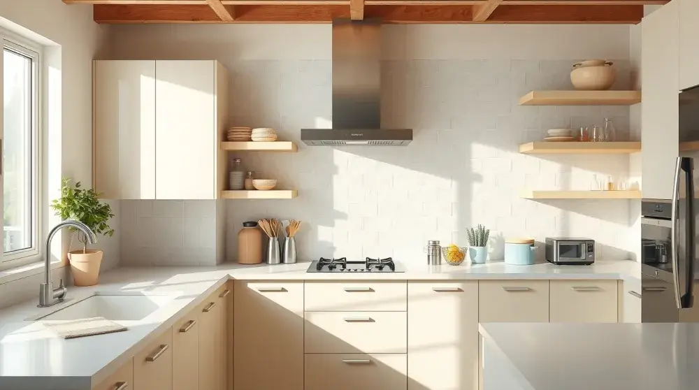 Bright minimalist kitchen with spotless counters and clutter-free shelves.