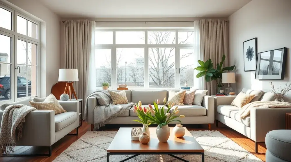 Ultra realistic spring living room with clutter-free surfaces, bright natural light, and pastel décor