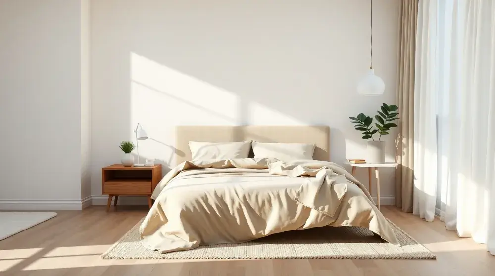 Modern minimalist bedroom with neatly made bed, bright natural light, and tidy surfaces, styled as a calm retreat