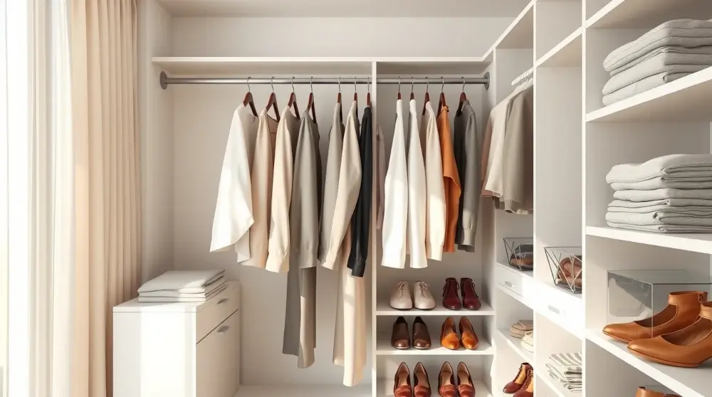 Minimalist organized closet with slim hangers, clear bins, and neat shoe racks.