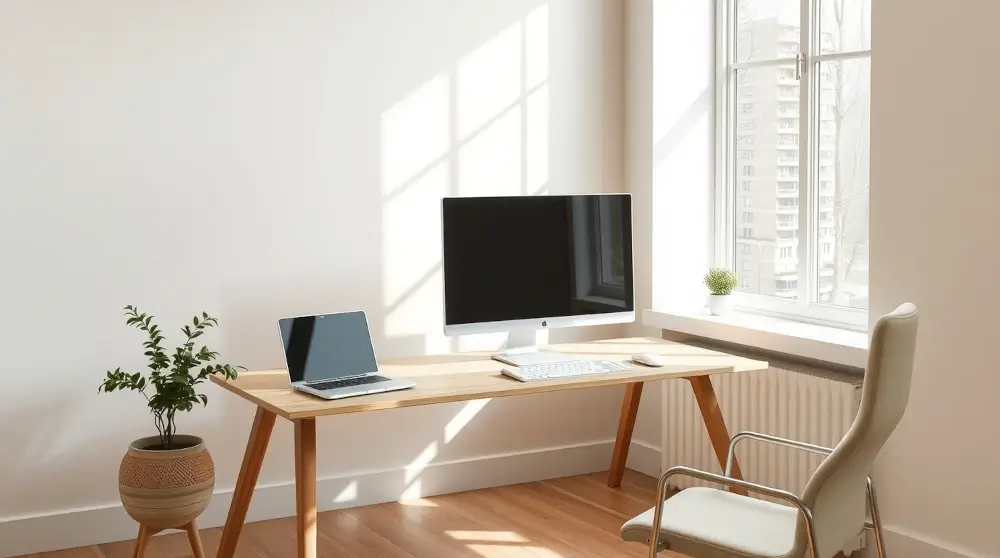Minimalist home office with tidy desk, monitor stand, and clutter-free décor.