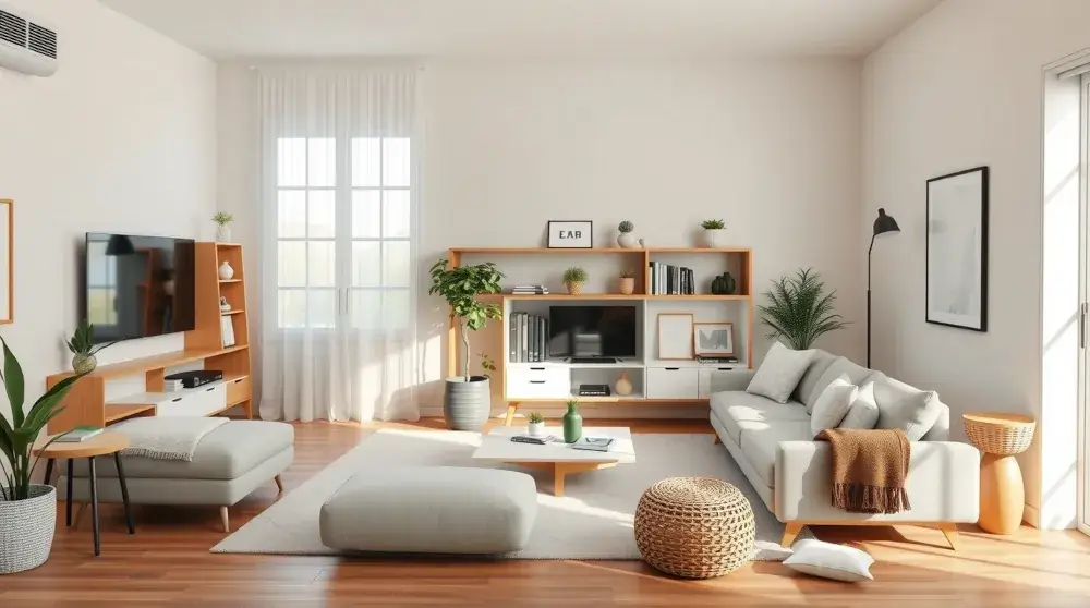Cozy minimalist living room with organized shelves and clutter-free décor.