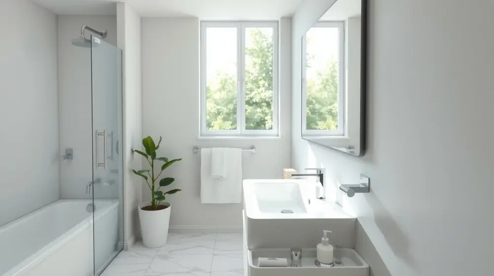 Modern clean bathroom with bright natural light and fresh towels.