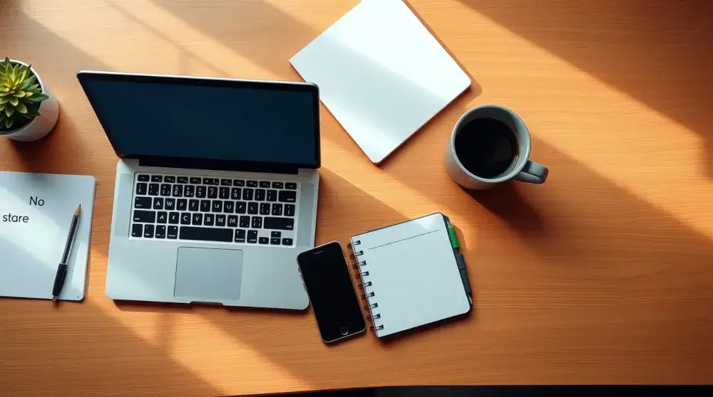 Photorealistic tidy digital workspace with laptop, smartphone, and coffee on clean desk.