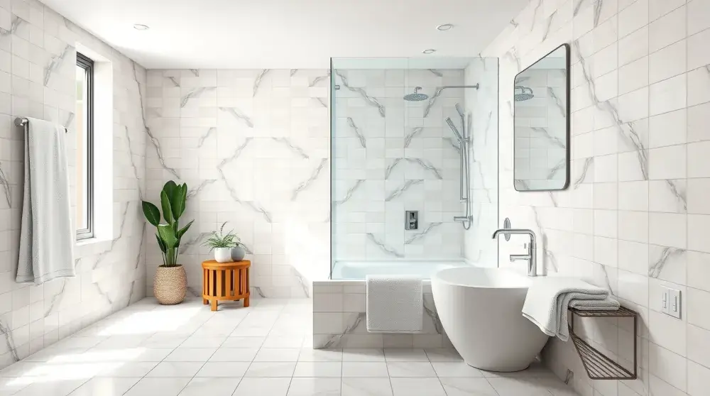 Modern bathroom with spotless tiles and grout, mold-free and fresh.