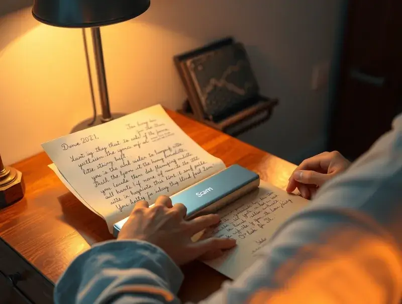 Person scanning sentimental letters with a compact scanner at home