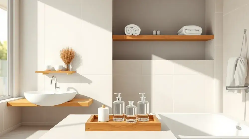 Calm modern bathroom with floating shelves and organized essentials