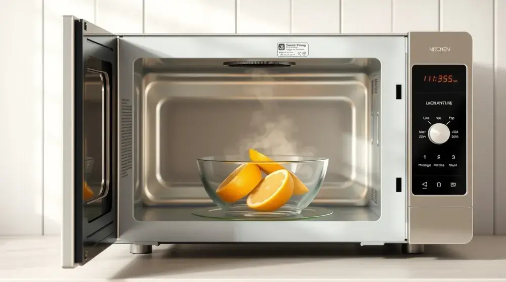 Clean microwave with lemon water bowl ready for steam cleaning